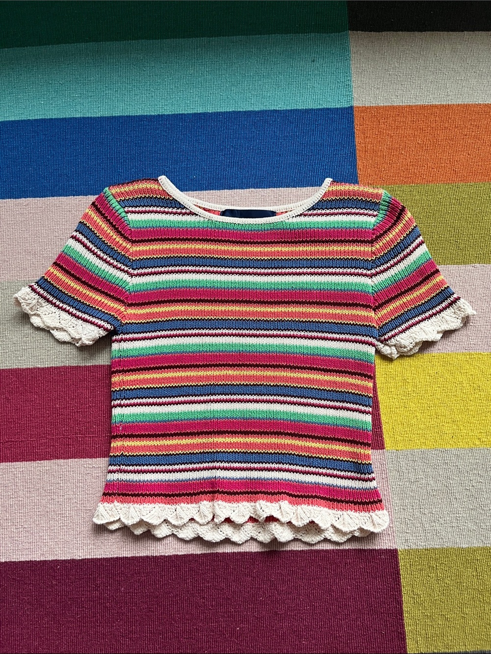 Blue Rain Girls' Multicolor Striped Knit Tee with Cream Lace Trim